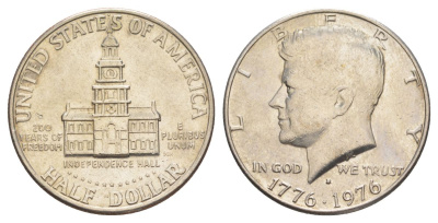 США 1/2 доллара (50 центов) 1976 D, 200 лет независимости, Джон Кеннеди KM 205 медь плакированная медно-никелем aUNC 4565-235