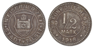 Тильзит (сейчас - Советск) 1/2 марки 1918 Funck 540.2, Men18 31302.2 железо 1517-1412