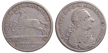 Брауншвейг-Вольфенбюттель 1 талер 1765 E-IDB, Карл I (1735-1780) KM 966.1 , Welter 2716, Fiala 2142, Dav.2151 серебро 00-000-00