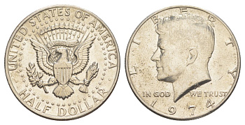 США 1/2 доллара (50 центов) 1974 Джон Кеннеди KM 202b медь плакированная медно-никелем aUNC 4536-516