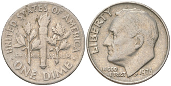 США 10 центов (дайм) 1976 D, президент Рузвельт KM 195a медь плкированный медно-никелем 4613-266