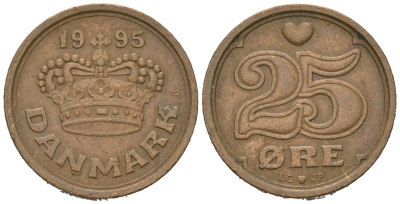 Дания 25 эре 1995 Маргрете II (1972-2024) KM 868 бронза 4618-365