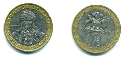 Чили 100 песо 2010 индейцы Мапуче KM 236 биметалл 41-341