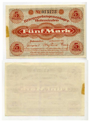 Германия 5 марок 1916 Хольцминден (Брауншвейг), лагерь военнопленных C-3136, Tieste 384.36 бумага aUNC 504-48-1-1