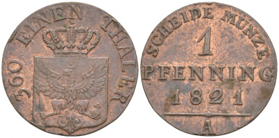 ПРУССИЯ 1 ПФЕННИГ 1821 А KM 405 медь 73-613