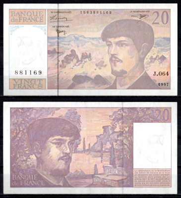 Франция 20 франков 1997 Pick 151 i бумага UNC (пресс) 7222-21-3-2