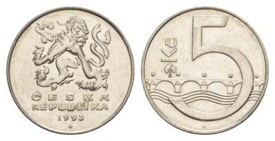 Чехия 5 крон 1993 чешский лев, Карлов мост KM 8 сталь плакированная никелем 4529-631