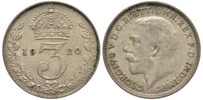 Великобритания 3 пенса 1920 Георг V (1910-1936), пограничный год KM 813 или 813a, Spink 4015 или 4026 серебро 4528-528