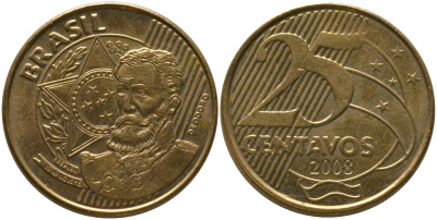 Бразилия 25 сентаво 2008 KM 650, Schon 158 сталь плакированная бронзой UNC 4525-425
