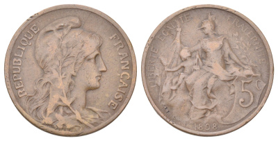 Франция 5 сантимов 1898 KM 842, Le Franc 119.5 бронза 4707-1034