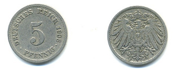 Германия 5 пфеннигов 1908 F KM 11, Jager 12, Weege 6 медно-никель 4379-553