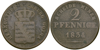 САКСЕН-КОБУРГ-ГОТА 2 ПФЕННИГА 1834 KM 85 медь 65-623