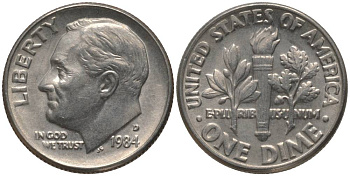 США 10 ЦЕНТОВ = 1 ДАЙМ 1984 D, РУЗВЕЛЬТ KM 195а медь плакированная медно-никелем 4396-317