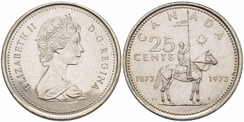 Канада 25 центов 1973 100 лет канадской горной полиции (1873-1973), Елизавета II (1952-2022) KM 81 никель 108-1145