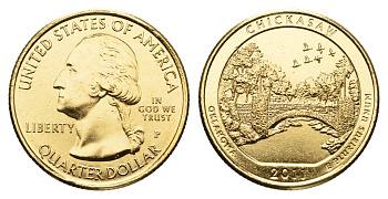 США 1/4 доллара (25 центов) 2011 Квотеры «Парки США» - Рекреационная зона Чикасо KM 498 медь плакированная золотом UNC 11-069-55