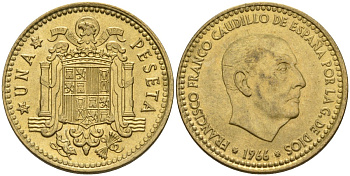 Испания 1 песета 1966 (67) Франсиско Франко (1939-1975) KM 796 алюминиевая бронза 4604-145