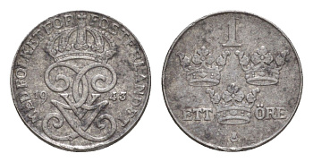 Швеция 1 эре 1943 Густав V (1907-1950) KM 810 железо 4643-165