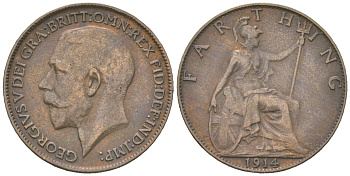 Великобритания 1 фартинг 1914 Георг V (1910-1936) KM 808.1, Spink 4059 бронза 4617-853