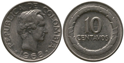 Колумбия 10 сентаво 1968 KM 226 сталь плакированная никелем 4576-1064