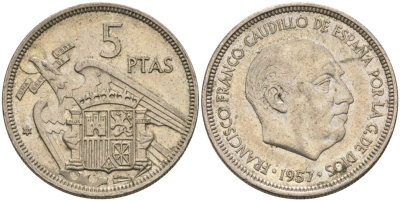Испания 5 песет 1957 (72) Франсиско Франко (1939-1975) KM 786 медно-никель 4573-933
