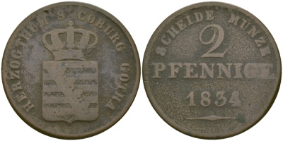 САКСЕН-КОБУРГ-ГОТА 2 ПФЕННИГА 1834 KM 85 медь 65-623