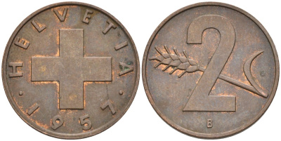 Швейцария 2 раппена 1957 В KM 47 бронза 4591-1147