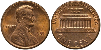 США 1 ЦЕНТ 1985 ЛИНКОЛЬН KM 201b цинк плакированный медью 4547-727