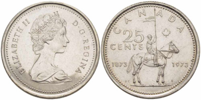 Канада 25 центов 1973 100 лет канадской горной полиции (1873-1973), Елизавета II (1952-2022) KM 81 никель 108-1145