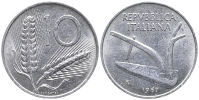 ИТАЛИЯ 10 ЛИР 1967 R, ПЛУГ KM 93 алюминий 34-1247