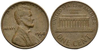 США 1 цент 1968 D, Линкольн KM 201 медь цинк 4136-127