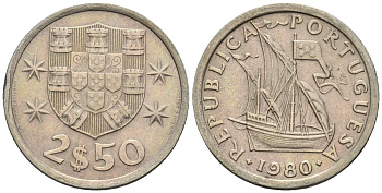 Португалия 2,5 эскудо 1980 парусник KM 590 медно-никель 4147-638