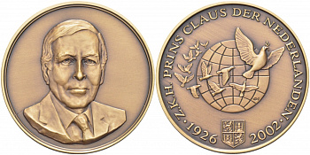 НИДЕРЛАНДЫ МЕДАЛЬ 2002 ПРИНЦ НИДЕРЛАНДОВ КЛАУС, СЕРТИФИКАТ бронза UNC 01-150-41