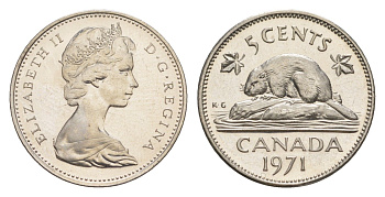 Канада 5 центов 1973 Елизавета II (1952-2022), бобр KM 60.1 никель PROOF-LIKE (BU) 4630-941