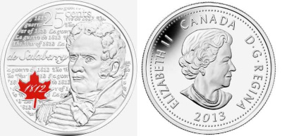 Канада 25 центов 2013 серия герои Канады в войне 1812-1815, Шарль-Мишель де Салаберри, эмаль KM NEW никелированная сталь UNC M47-03