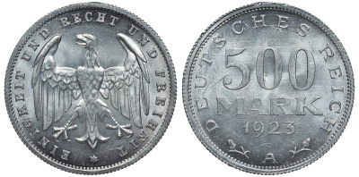 Германия 500 марок 1923 А KM 36, J.305 алюминий UNC 4587-544