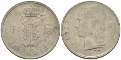 БЕЛЬГИЯ 1 ФРАНК 1957 BELGIE, БОДУЭН I (1951-1993) KM 143.1 медно-никель 119-545