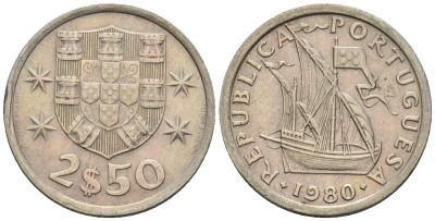 Португалия 2,5 эскудо 1980 парусник KM 590 медно-никель 4147-638