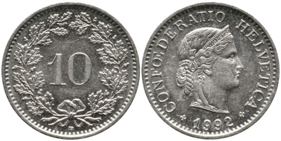 ШВЕЙЦАРИЯ 10 РАППЕНОВ 1992 В KM 27 медно-никель 4539-534