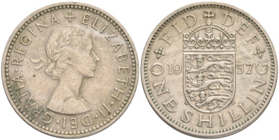 Великобритания 1 шиллинг 1957 Елизавета II (1952-2022), Английский герб KM 904, Spink 4147 медно-никель 4556-627