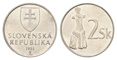Словакия 2 кроны 1993 KM 13 сталь плакированная никелем 4673-1243