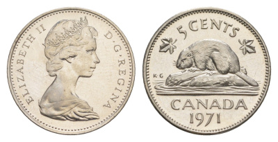 Канада 5 центов 1973 Елизавета II (1952-2022), бобр KM 60.1 никель PROOF-LIKE (BU) 4630-941