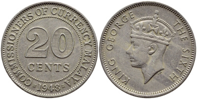 МАЛАЙЯ 20 ЦЕНТОВ 1948 ГЕОРГ VI KM 9 медно-никель 83-1834