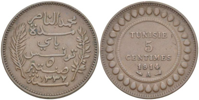 ТУНИС 5 САНТИМОВ 1914 АН1336, MUHAMMAD al-NASIR BEY KM 235 бронза 4523-753