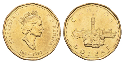 Канада 1 доллар 1992 125 лет Конфедерации Канада - Парламент KM 218 никель плакированная бронзой UNC 4678-1227