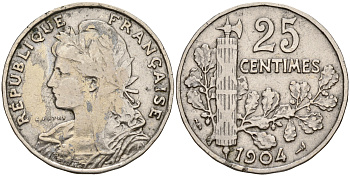 Франция 25 сантимов 1904 первый год KM 856 никель      4153-352