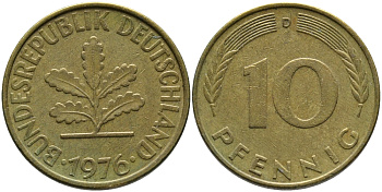 ФРГ 10 ПФЕННИГОВ 1976 D KM 108, J. 383 сталь плакированная латунью 98-513