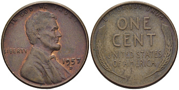 США 1 ЦЕНТ 1957 D, ЛИНКОЛЬН KM А132 медь цинк 26-953
