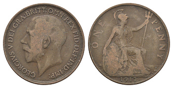 Великобритания 1 пенни 1917 Георг V (1910-1936) KM 810, Spink 4051 бронза 4661-535