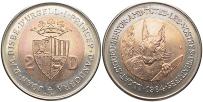 Андорра 2 динера 1984 серия сохраним наш мир, белка, тираж 5000 экз. KM 20 биметалл UNC 1525-942