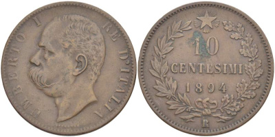 Италия 10 чентезимо 1894 R, Умберто I (1878-1900) KM 27.2 медь 4526-1011